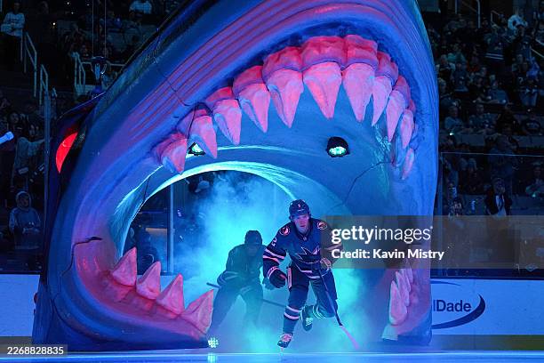 Will Smith of the San Jose Sharks takes the ice through the Shark Head before the game against the Anaheim Ducks at SAP Center on April 1, 2026 in...