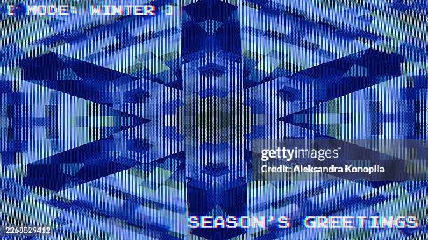glitch technique blue snowflake texture with seasons greetings winter text overlay - dot matrix printer stock pictures, royalty-free photos & images
