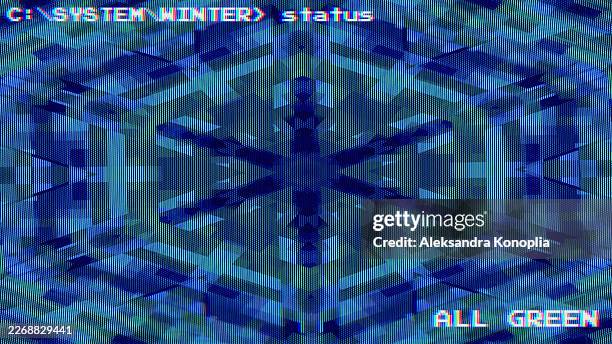 blue digital glitch snowflake with crt scanlines and vhs distortion effect - scanlines stock pictures, royalty-free photos & images