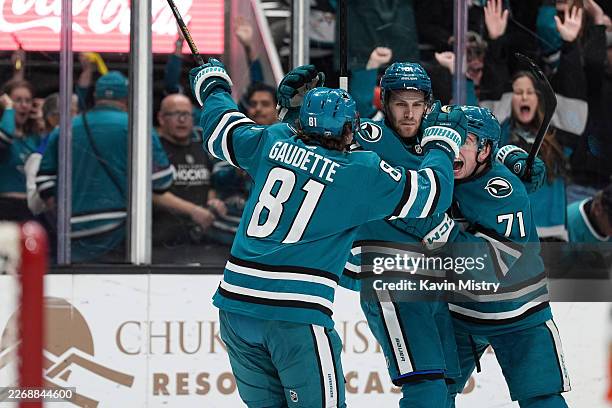 Alexander Wennberg of the San Jose Sharks celebrates scoring a goal in the third period against the Anaheim Ducks at SAP Center on April 1, 2026 in...