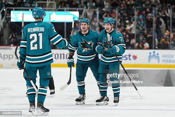 Macklin Celebrini of the San Jose Sharks celebrates scoring a goal in the third period against the Anaheim Ducks at SAP Center on April 1, 2026 in...