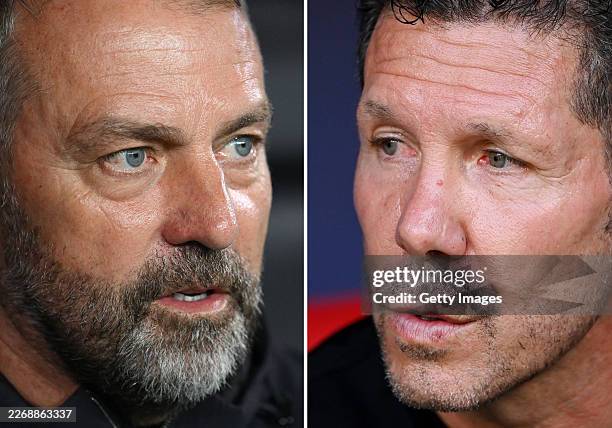 In this composite image a comparison has been made between Hansi Flick Manager of FC Barcelona and Diego Simeone, Head Coach of Atletico de Madrid....