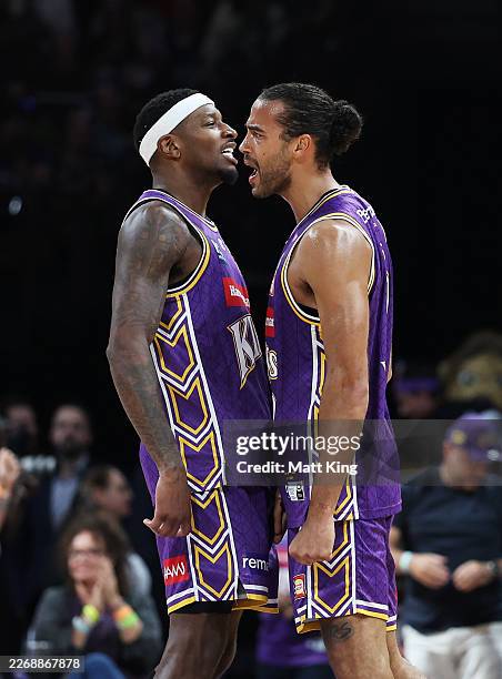 Xavier Cooks of the Kings celebrates a basket with Torrey Craig of the Kings during game three of the NBL Grand Final series between Sydney Kings and...
