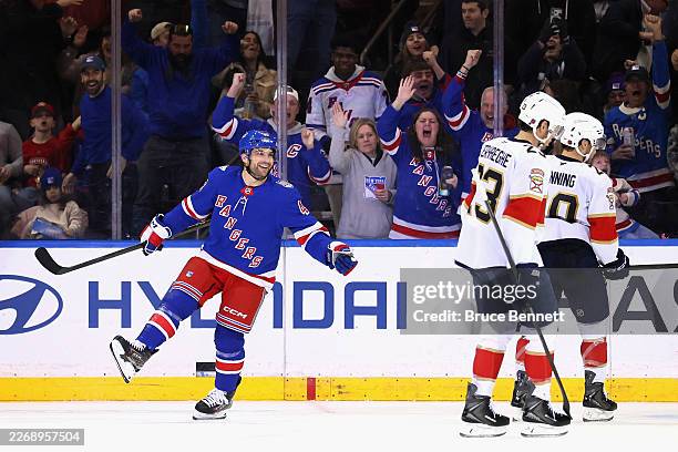Conor Sheary of the New York Rangers celebrates his third period shorthanded game-winning goal against the Florida Panthers at Madison Square Garden...