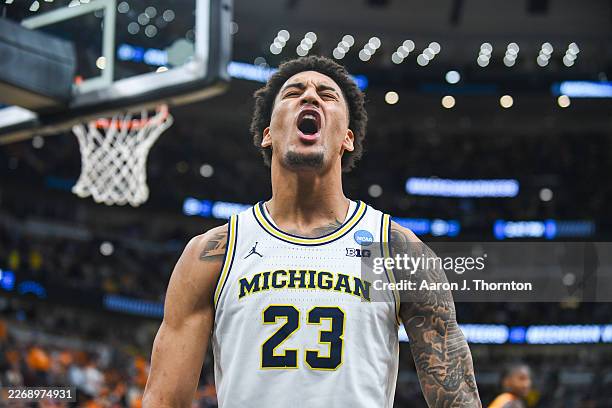 Yaxel Lendeborg of the Michigan Wolverines reacts after being fouled and making a basket during the second half of a NCAA Men's Basketball Tournament...
