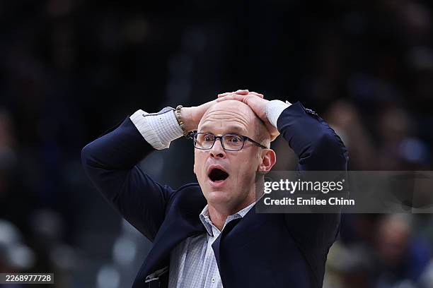 Head coach Dan Hurley of the UConn Huskies reacts during the second half of a game against the Duke Blue Devils in the Elite Eight of the 2026 NCAA...