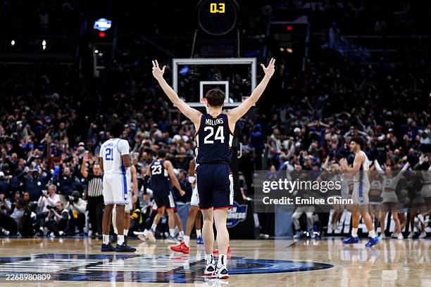 Braylon Mullins of the UConn Huskies celebrates after shooting the game-winning three point basket during the second half of a game against the Duke...