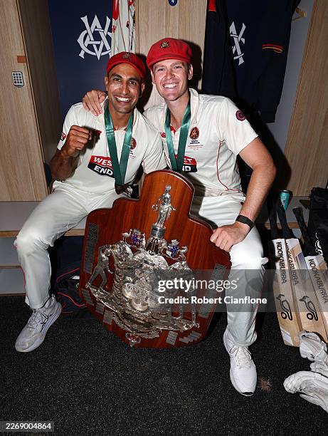 Jason Sangha and Liam Scott of South Australia celebrate after South Australia defeated Victoria during day five of the Sheffield Shield match...