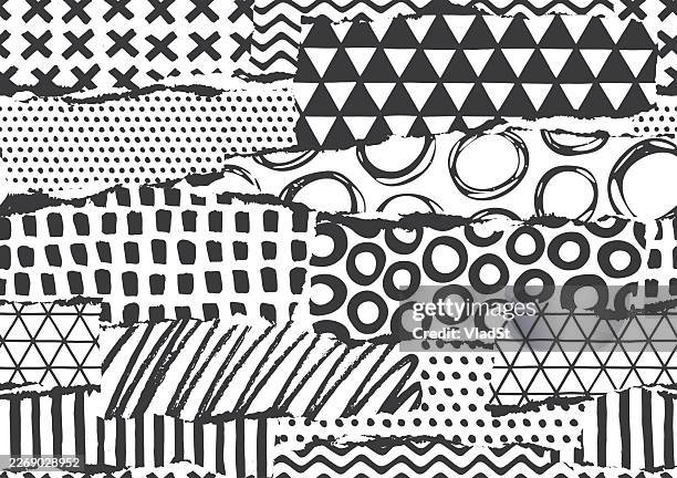 hand-drawn doodles scrapbook seamless pattern scribbles abstract collage - patchwork stock illustrations