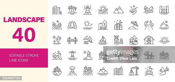 landscape icon set. editable line icons. vector illustration. - hill stock illustrations