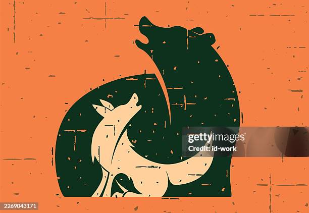 wolf howling beside bear silhouette - gray wolf stock illustrations