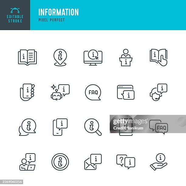 information - editable stroked icon set. the set containing 20 icons such as information sign, question and answer, instructions, guidance, support, artificial intelligence, call center, instruction manual. - information symbol stock illustrations