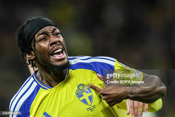 Anthony Elanga of Sweden seen celebrates after scoring a goal during European World Cup play-offs 2026 football match between Sweden and Poland at...