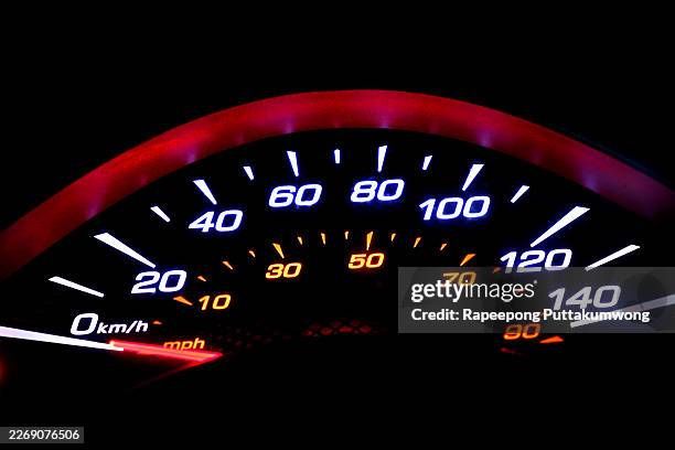close-up of a high-contrast motorcycle speedometer illuminated in the dark, showing both km/h and mph scales with a bright red needle at zero. - speedometer stock pictures, royalty-free photos & images