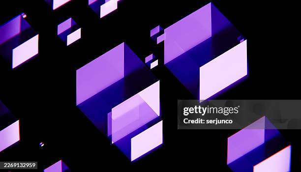 floating purple and white cubes on a black background create a futuristic digital art vibe. illustration, rendering - 3d cube stock illustrations