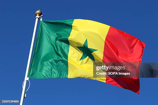 The national flag of the Republic of Senegal, fluttering in the wind on a flagpole in Saint Petersburg.
