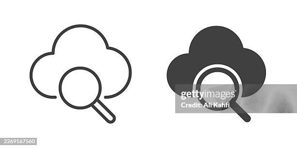 cloud inspect thin line and glyph solid icon. editable stroke and perfect pixel isolated on transparent background - database search stock illustrations