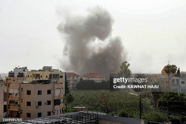 Smoke cloud erupts following Israeli bombardment on Abbasiyeh, near Tyre in southern Lebanon, on April 4, 2026. Israel's military renewed its strikes...