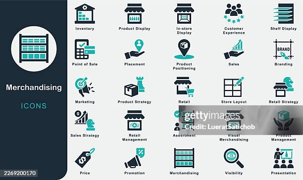 merchandising solid icons collection.containing retail, product display, assortment, placement, presentation, visibility, pricing, promotion, sales, inventory, store layout, visual merchandising, sale - pos inventory management stock illustrations
