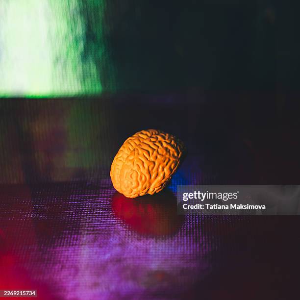 a brain model is illuminated with striking neon lights and reflections on a textured dark surface. - plasticité neuronale photos et images de collection