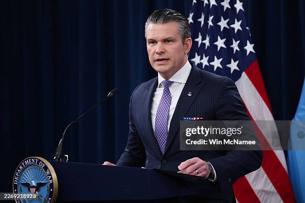 Secretary of War Pete Hegseth speaks during a press briefing at the Pentagon on March 31, 2026 in Arlington, Virginia. The U.S. And Israel have...