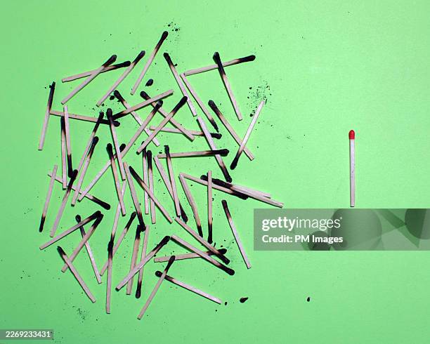 single unburned match separate from pile of burnt matches on green background - individualidad fotografías e imágenes de stock