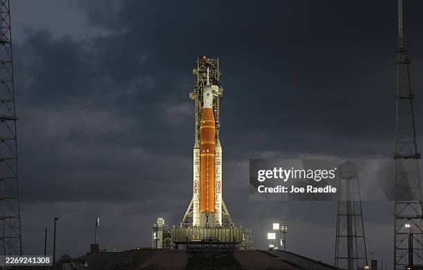 S Artemis II Space Launch System rocket and Orion spacecraft sit on Launch Pad 39B at the Kennedy Space Center on March 31, 2026 in Cape Canaveral,...