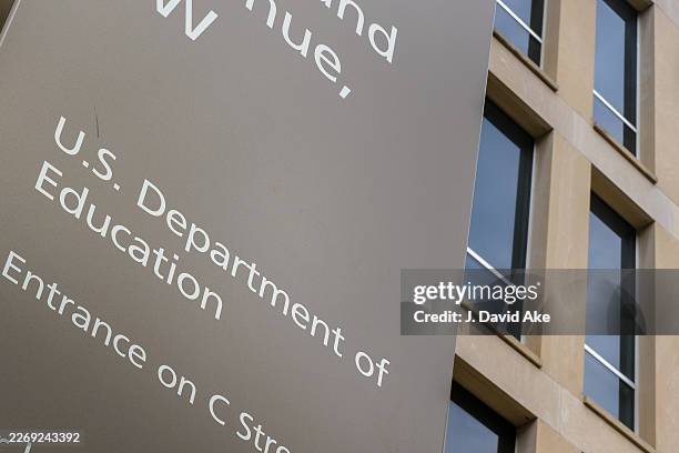 Sign marks the location of the U.S. Department of Education headquarters building on March 30 in Washington, DC.
