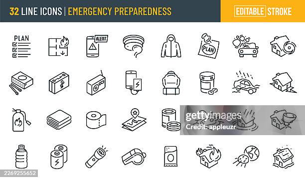 ilustraciones, imágenes clip art, dibujos animados e iconos de stock de iconos de thin line para preparación para emergencias y desastres naturales - trazo editable - barra de cereal