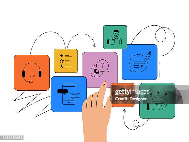 customer support related vector illustration. help, online, customer, service, hotline - customer experience digital stock illustrations