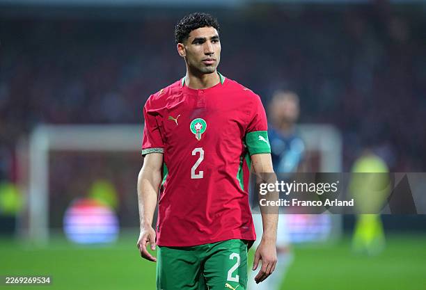 Achraf Hakimi of Morocco looks on during the international friendly match between Morocco and Paraguay at Stade Bollaert-Delelis on March 31, 2026 in...
