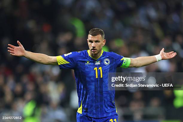Edin Dzeko of Bosnia and Herzegovina reacts during the FIFA World Cup 2026 European Qualifiers KO play-offs match between Bosnia & Herzegovina and...