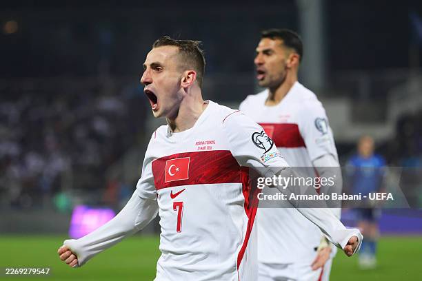 Kerem Aktuerkoglu of Turkiye celebrates scoring his team's first goal during the FIFA World Cup 2026 European Qualifiers KO play-offs match between...