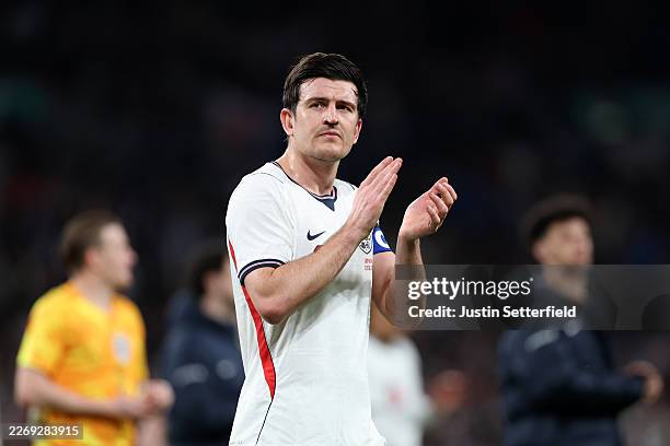 Harry Maguire of England applauds the fans after the international friendly match between England and Japan at Wembley Stadium on March 31, 2026 in...