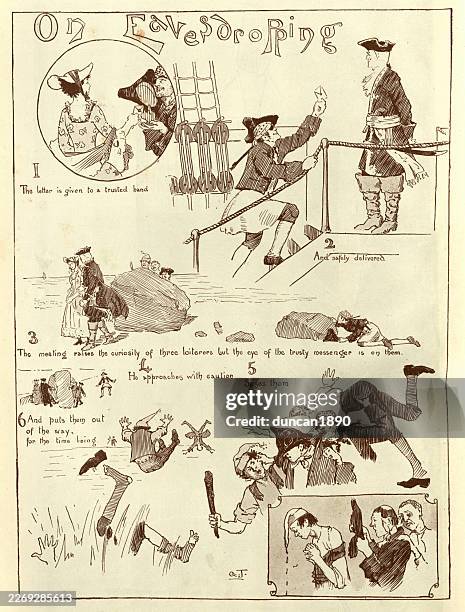 victorian cartoon, on eavesdropping, vintage illustration 19th century 1893 - eavesdropping stock illustrations
