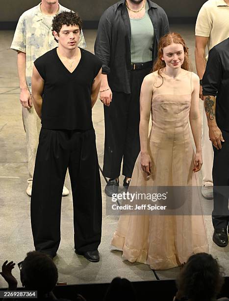 Noah Jupe and Sadie Sink on stage during the curtain call following the "Romeo & Juliet" West End Opening Night at the Harold Pinter Theatre on March...