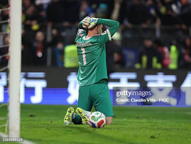 Gianluigi Donnarumma of Italy reacts at the end of the FIFA World Cup 2026 European Qualifiers KO play-offs match between Bosnia & Herzegovina and...
