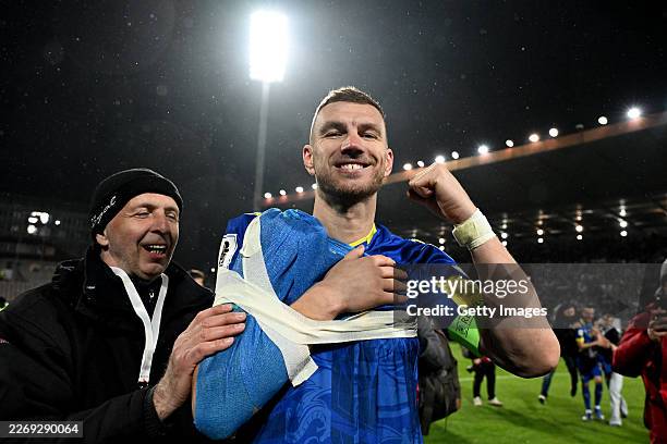 Edin Dzeko of Bosnia & Herzegovina celebrates the victory after the FIFA World Cup 2026 European Qualifiers KO play-offs match between Bosnia &...