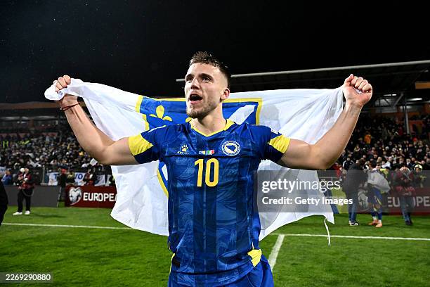 Ermedin Demirovic of Bosnia & Herzegovina celebrates the victory after the FIFA World Cup 2026 European Qualifiers KO play-offs match between Bosnia...