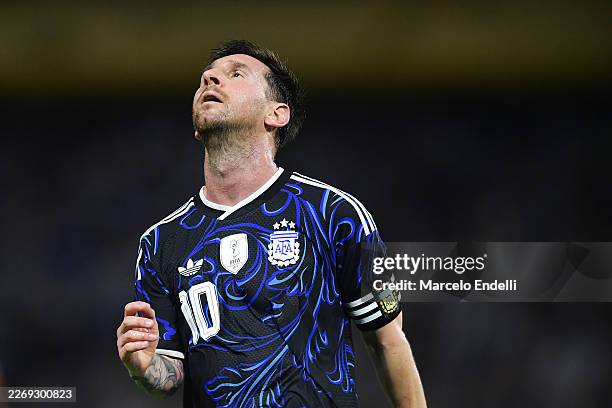 Lionel Messi of Argentina reacts during the international friendly match between Argentina and Zambia at Estadio Alberto J. Armando on March 31, 2026...