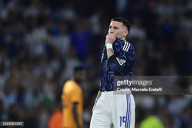 Nicolas Otamendi of Argentina celebrates after scoring his team's third goal during the international friendly match between Argentina and Zambia at...