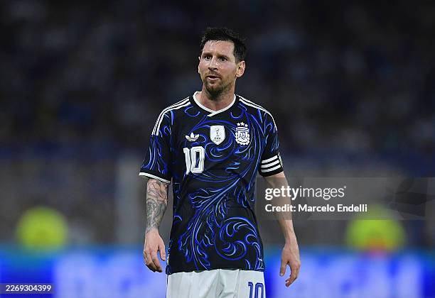 Lionel Messi of Argentina looks on during the international friendly match between Argentina and Zambia at Estadio Alberto J. Armando on March 31,...