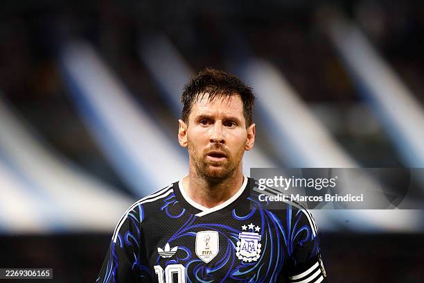 Lionel Messi of Argentina looks on during the international friendly match between Argentina and Zambia at Estadio Alberto J. Armando on March 31,...