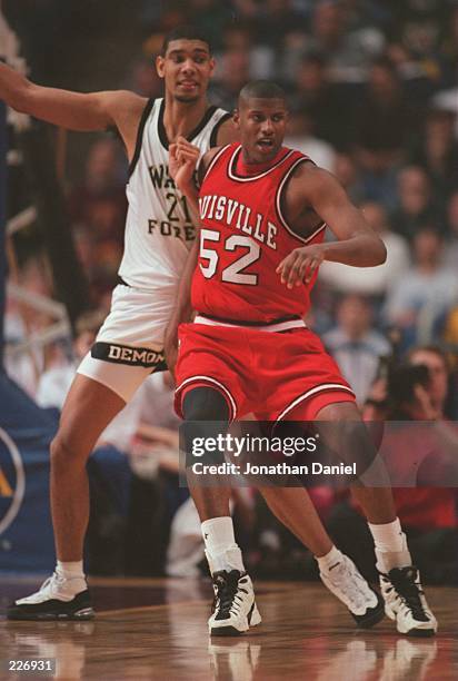 Forward Samaki Walker of Louisville post up on Tim Duncan of Wake Forest during Louisvilles 60-59 loss to Wake Forest at the Metrodome in...