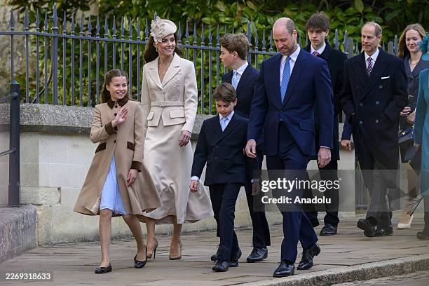 Princess Charlotte, Catherine, Princess of Wales, Prince George, and Prince Louis and WIlliam, Prince of Wales, attend the Easter Service at St...