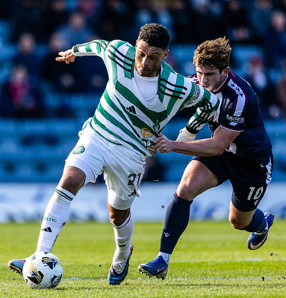 Celtic's Alex Oxlade-Chamberlain and Dundee's Finlay Robertson in action during a William Hill Premiership match between Dundee and Celtic at Dens...