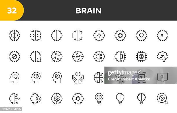 32 brain, intelligence, and artificial intelligence (ai) vector line icons set: mind, psychology, and cognitive function outline symbols (editable stroke) - emotional intelligence stock illustrations