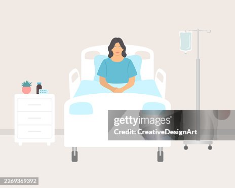 Paciente sentada en una cama de hospital recibiendo tratamiento. Concepto de Atención a la Salud, Recuperación y Atención al Paciente Paciente sentada en una cama de hospital recibiendo tratamiento. Concepto de Atención a la Salud, Recuperación y Atención al Paciente
