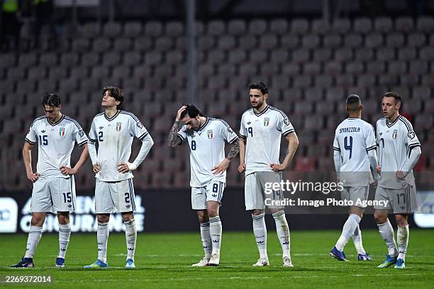 Players of Italy react with disappointment during the FIFA World Cup 2026 European Qualifiers KO play-offs match between Bosnia & Herzegovina and...
