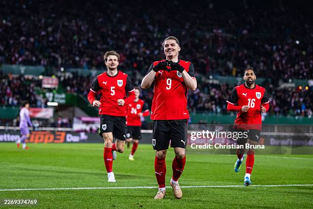 Marcel Sabitzer of Austria celebrates after scoring his team's first goal during an international friendly match between Austria and South Korea on...